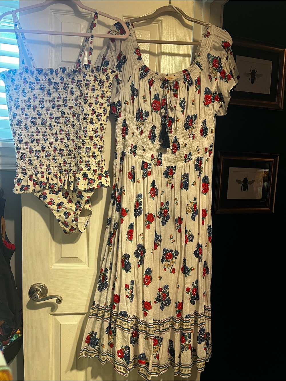 White Floral Smocked Beach Dress with matching one piece swimsuit - NWOT